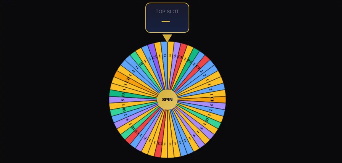 Screenshot of a colourful prize wheel on a dark background with many numbered segments, a pointer at the top under a “Top Slot” label, and a central button that says “SPIN.”