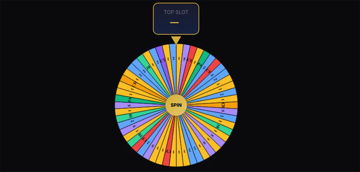 Screenshot of a colourful prize wheel on a dark background with many numbered segments, a pointer at the top under a “Top Slot” label, and a central button that says “SPIN.”