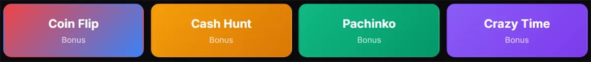 Row of four colourful bonus selection buttons labeled “Coin Flip,” “Cash Hunt,” “Pachinko,” and “Crazy Time,” each with the word “Bonus” underneath.