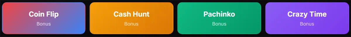 Row of four colourful bonus selection buttons labeled “Coin Flip,” “Cash Hunt,” “Pachinko,” and “Crazy Time,” each with the word “Bonus” underneath.